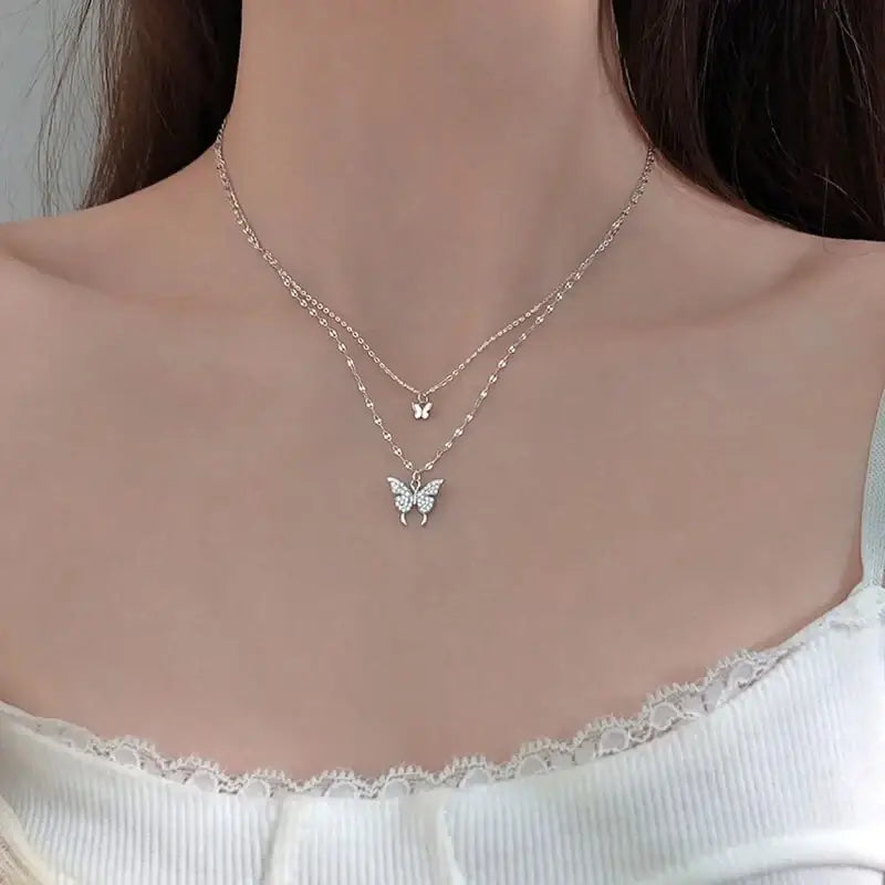 ANENJERY 925 Collar de mariposa CZ de plata esterlina: joyería delicada de doble capa