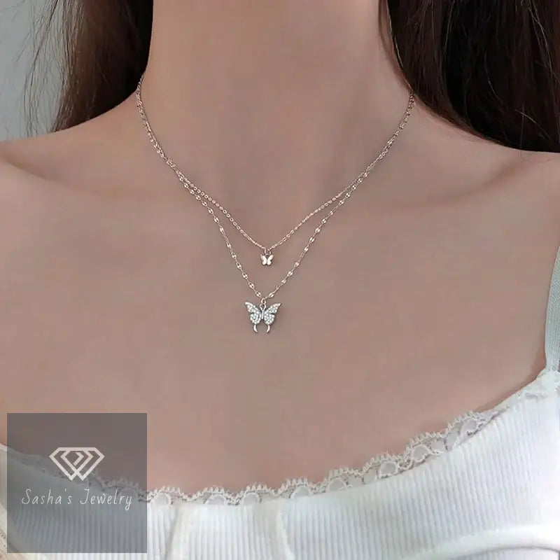 ANENJERY 925 Collar de mariposa CZ de plata esterlina: joyería delicada de doble capa - Silver Color